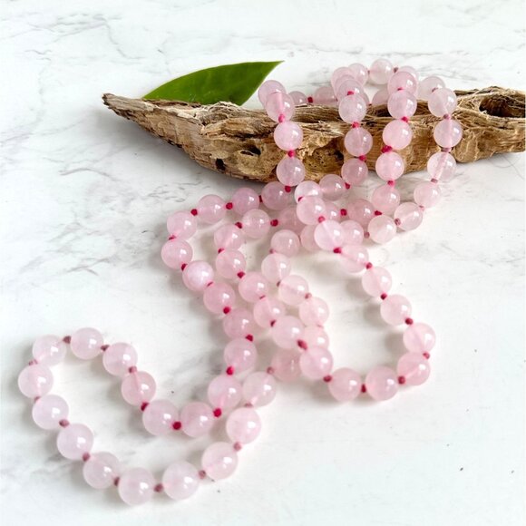 Jewelry - Rose Quartz Beaded Necklace, 32" Strand of  7mm Beads Hand Knotted